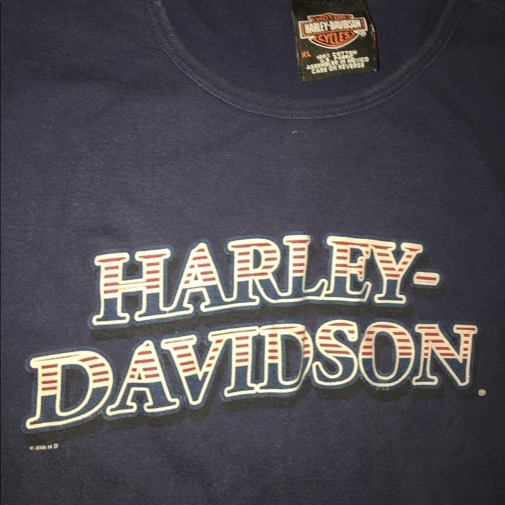 Harley Davidson size XL blue w/ red and white lettering Bloomington Indiana soft